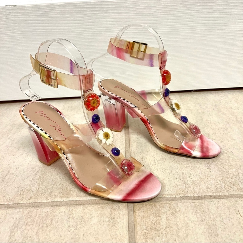 BETSY JOHNSON Floral Transparent Blocked Heels sandals womens size 7.5M romatic